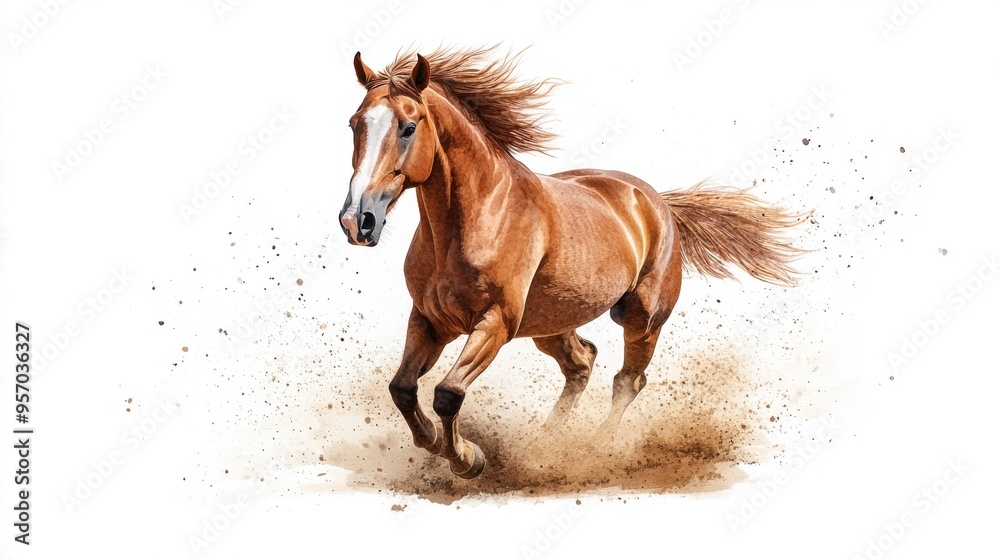 A stunning brown horse running freely, kicking up dust, showcasing strength and grace in a natural outdoor setting. A stunning brown horse running freely, kicking up dust, showcasing strength and grace in a natural outdoor setting.
