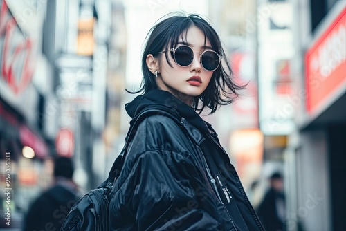 A stylish young woman in sunglasses and a black jacket walks confidently through a bustling urban environment. photo