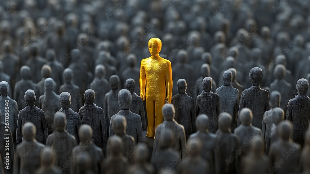 Obraz premium Standing Out as a Symbol of Achievement and Excellence in a Sea of Grey - Stylized Golden Human Figure Emerges