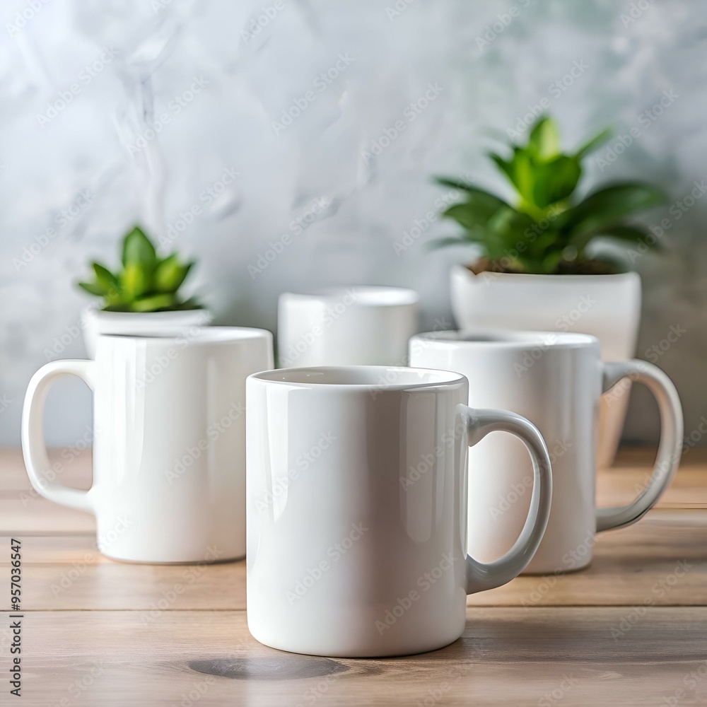 A clean. crisp mockup of four white coffee mugs on a wooden table. A clean. crisp mockup of four white coffee mugs on a wooden table.
