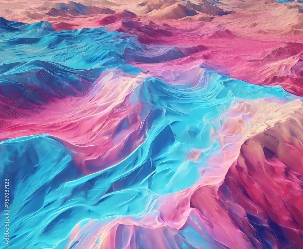 painting mountain range with blue sky and pink clouds