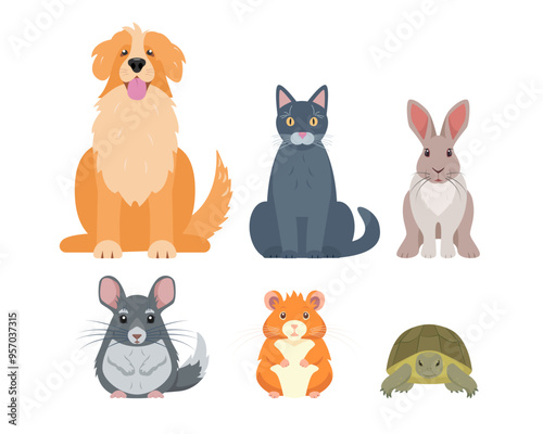 Set of pet animals. Dog, cat, rabbit, chinchilla, hamster and turtle. Home domestic animals. Vector icons illustration isolated on white background.