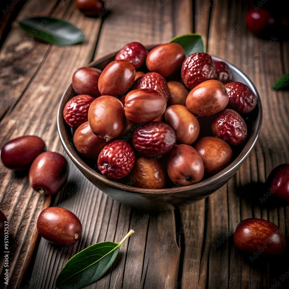 Obraz premium A bowl overflowing with fresh. vibrant jujubes. displayed on a rustic wooden surface.