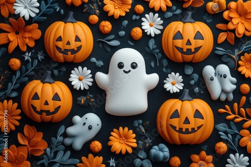 Wallpaper Mural 3D clay design of Halloween decorations with pumpkins and ghosts on a dark gray background with orange floral patterns and white flowers. Torontodigital.ca