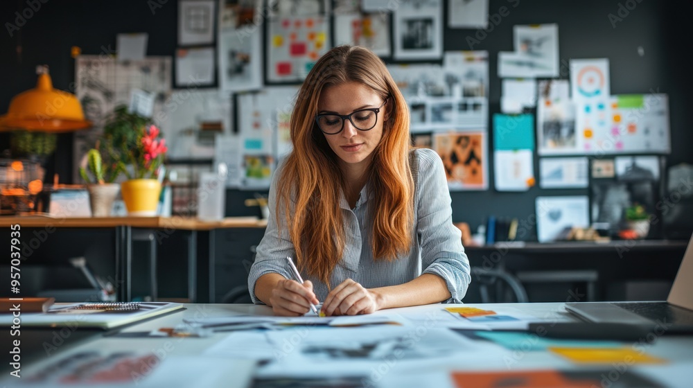 Young Woman Working on Design Project in Creative Office Young Woman Working on Design Project in Creative Office