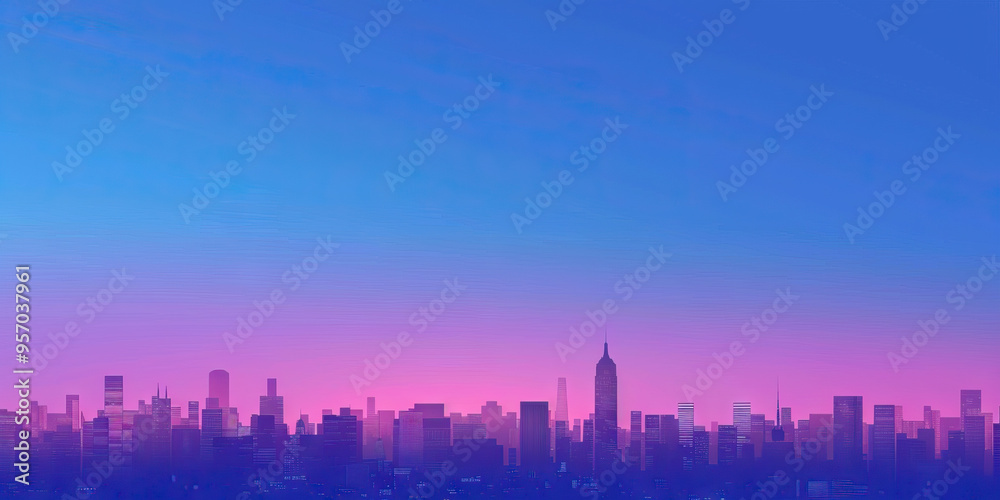 Fototapeta premium An abstract background of a city skyline at dusk, with the colors of the sky gradient fading from blue to violet, symbolizing the potential for growth and innovation in the business district.
