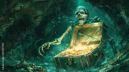 Eerie underwater scene featuring a skeletal figure guarding a treasure chest filled with glittering gold coins in the midst of ancient decaying ruins deep beneath the ocean s surface