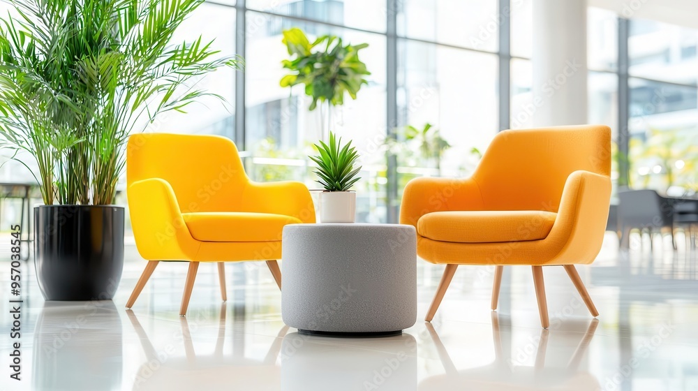 Fototapeta premium 10 A vibrant photo of a business negotiation in a modern office lounge, with relaxed seating, coffee, and a collaborative atmosphere that fosters open communication,