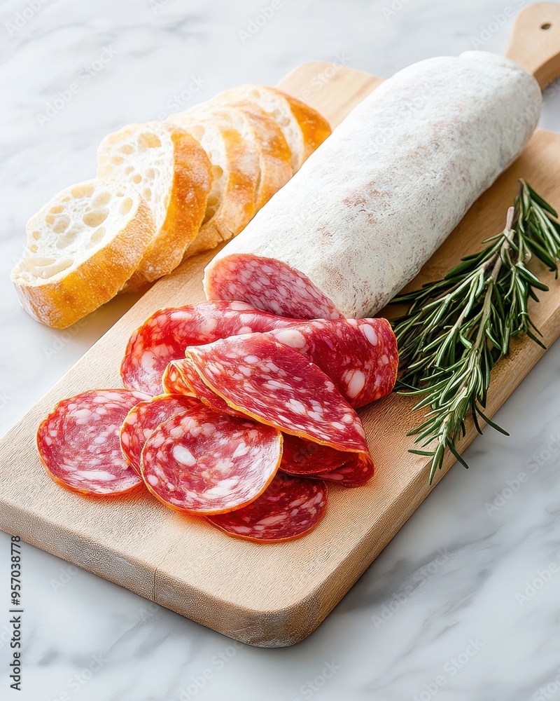 Artisan charcuterie board featuring sliced salami, fresh bread, and rosemary, perfect for gourmet presentations.