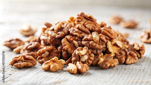 Freshly chopped walnuts scattered on a clean white background, with a shallow depth of field and soft focus, creating a warm and inviting textured composition.