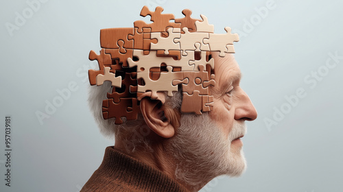 Profile of an elderly man with a puzzle piece overlay on his head, symbolizing memory or cognitive issues. The background is a plain gradient, drawing focus to the concept.