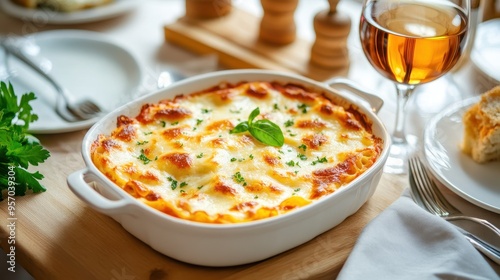 Delicious baked lasagna served with a glass of wine, perfect for comforting family meals or festive gatherings. photo