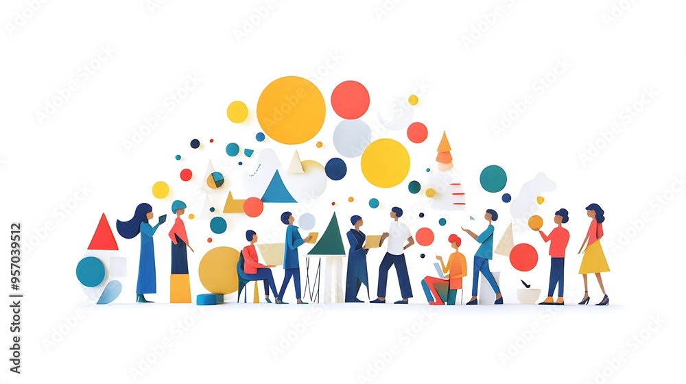 Diversity and Unity in Professional Environment with Multicolored Shapes of Interacting Individuals on White Background Diversity and Unity in Professional Environment with Multicolored Shapes of Interacting Individuals on White Background