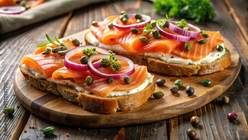 Freshly toasted artisanal bread topped with smoked salmon, cream cheese, capers, and thinly sliced red onion, arranged on a rustic wooden cutting board. photo