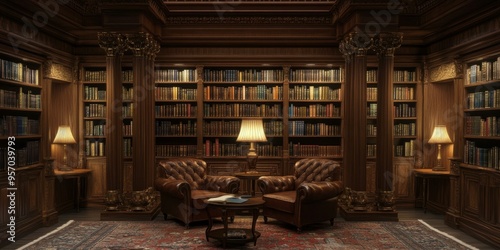 A luxuriously appointed library with leather chairs and bookshelves.