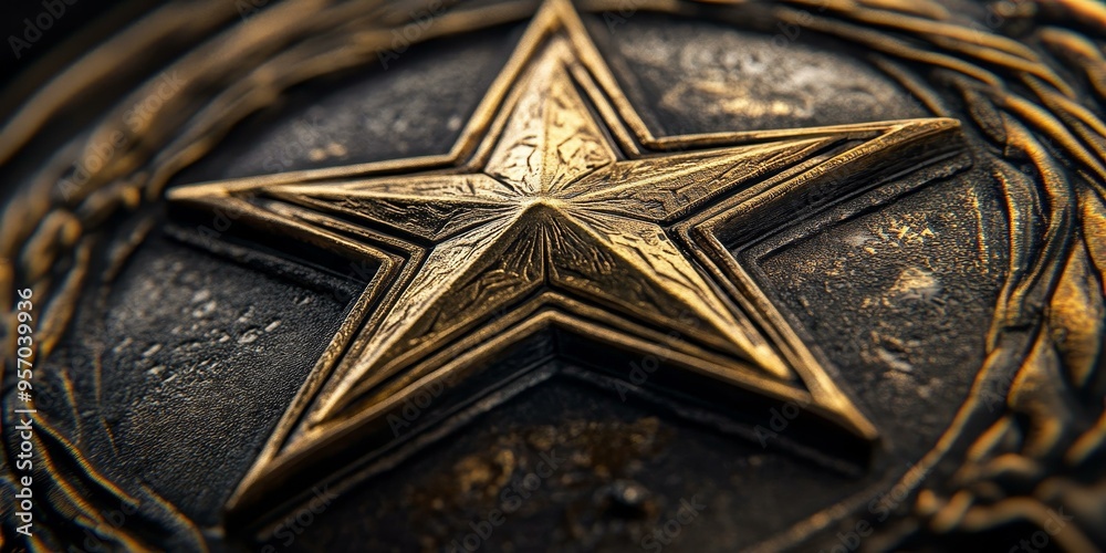 A close-up of a gold star on a dark background. A close-up of a gold star on a dark background.