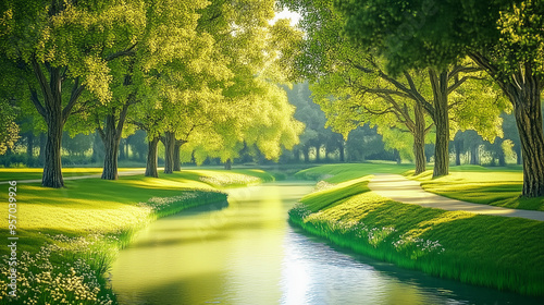 green grass, trees and river landscape background. Spring or summer nature scene photo