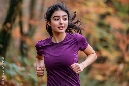 Happy Asian woman running outdoors in a fall forest park in yellow foliage leaves. Autumn weather outdoors. A healthy lifestyle. photo