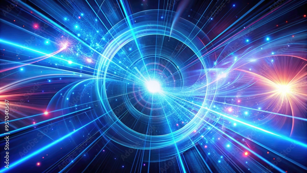 Fototapeta premium Futuristic blue laser beams emanate from a swirling vortex of vibrant, neon-lit vectors, creating a mesmerizing, high-tech abstract background with a sense of energy and movement.