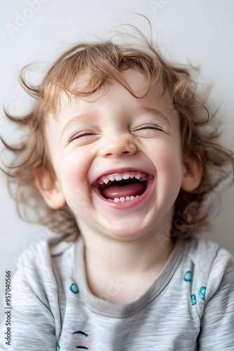 A candid portrait of a child laughing, white background, capturing pure joy