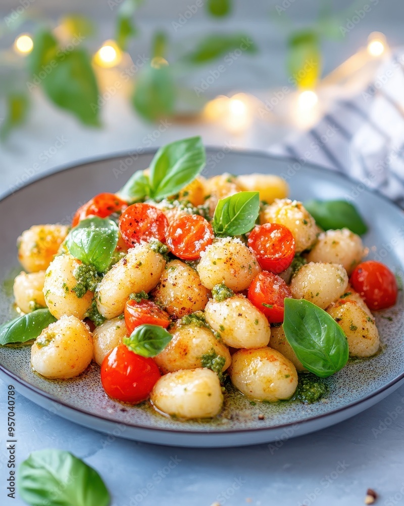 Delicious gnocchi topped with fresh tomatoes and basil, served on a stylish plate, perfect for a culinary delight.