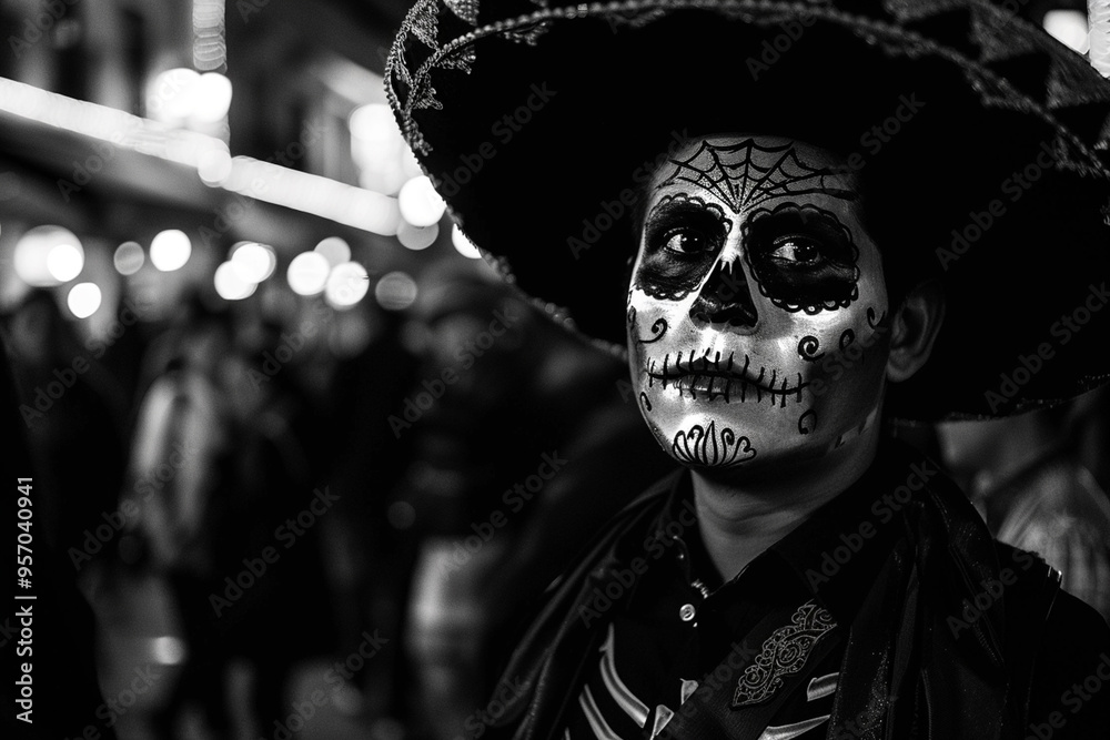 Halloween banner. Dia de los Muertes, street party, man wearing mexican hat and catrina makeup on his face. Black and white photo Halloween banner. Dia de los Muertes, street party, man wearing mexican hat and catrina makeup on his face. Black and white photo