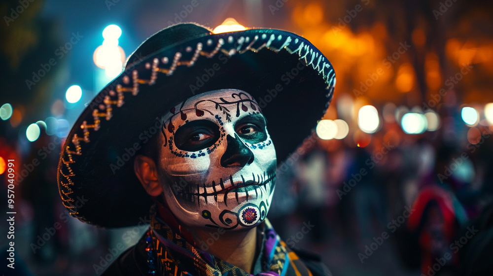 Halloween banner. Dia de los Muertes, street party, man wearing mexican hat and catrina makeup on his face
Halloween banner. Dia de los Muertes, street party, man wearing mexican hat and catrina makeup on his face