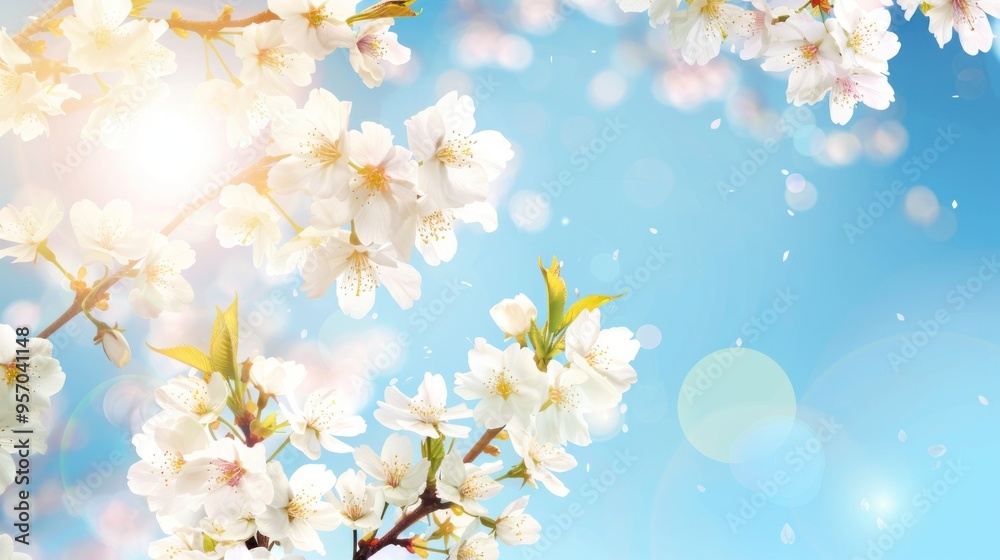 Blossoming Cherry Branches Under Sunny Blue Sky Blossoming Cherry Branches Under Sunny Blue Sky