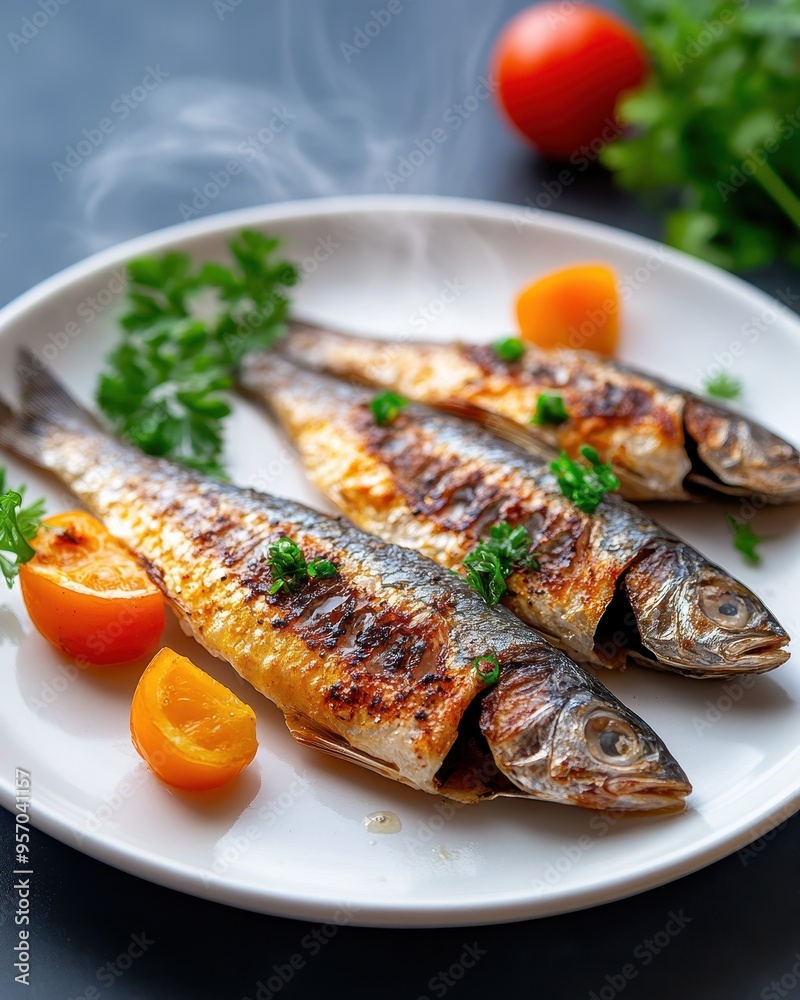 Delicious grilled fish garnished with fresh herbs and served with tomatoes on a white plate, perfect for culinary showcases. Delicious grilled fish garnished with fresh herbs and served with tomatoes on a white plate, perfect for culinary showcases.