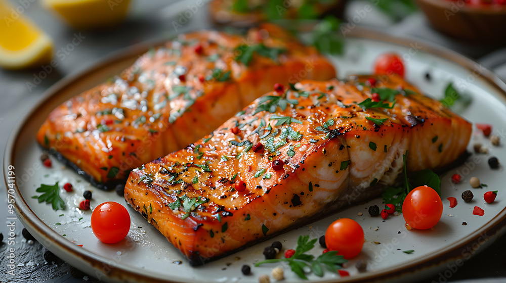 Salmon fillet with steamed vegetables on a plate, rich in omega-3 fatty acids, brain-boosting dinner. Salmon fillet with steamed vegetables on a plate, rich in omega-3 fatty acids, brain-boosting dinner.