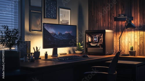 Elegant office design featuring a high-end computer on a dark desk, with warm, soft lighting.
