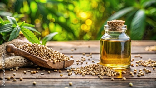 Golden hemp seeds spill from a glass vial onto a rustic wooden table, surrounded by lush greenery, highlighting the natural beauty of hemp seed oil production. photo