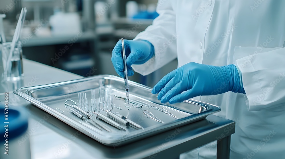 Using Medical Instruments: Doctor's hands using medical instruments on a sterile tray, ready for a procedure.
Using Medical Instruments: Doctor's hands using medical instruments on a sterile tray, ready for a procedure.