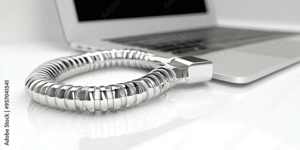 Shiny, silver laptop lock on white background. Shiny, silver laptop lock on white background.