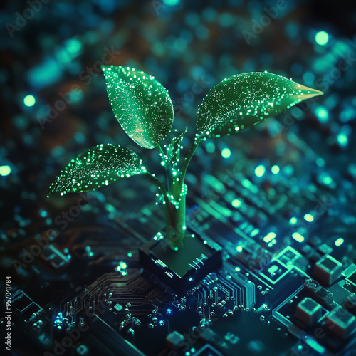 Small tree growing in a laptop, technology chip