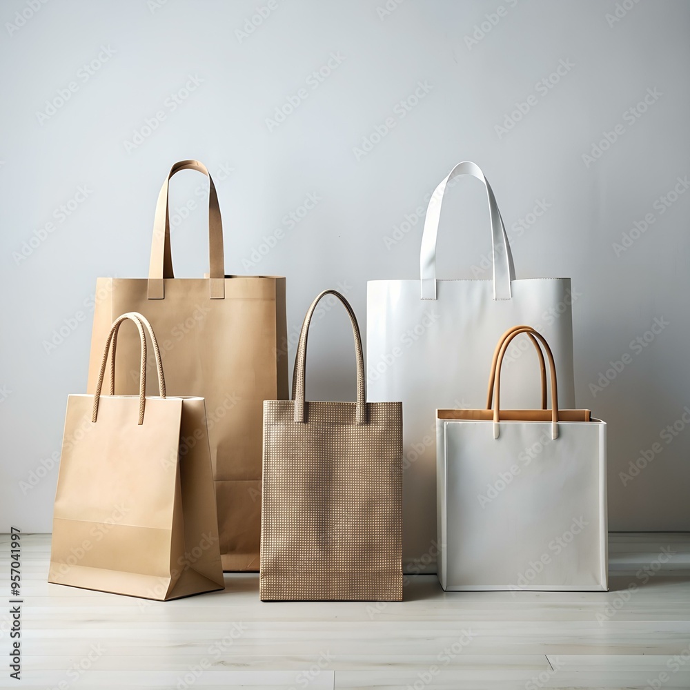A minimalist image featuring four shopping bags of different colors and textures. arranged on a light wooden floor with a simple background. A minimalist image featuring four shopping bags of different colors and textures. arranged on a light wooden floor with a simple background.