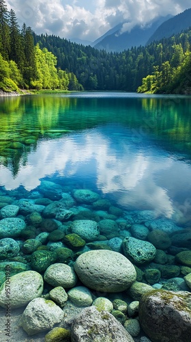 A serene mountain lake with crystal-clear water, revealing smooth rocks at the bottom, surrounded by lush green trees and a cloudy sky reflecting in the surface.