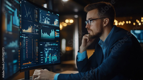 Businessman working with a financial advisor using detailed data visualization market analysis.