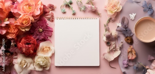 notebook with blank paper surrounded by flowers photo