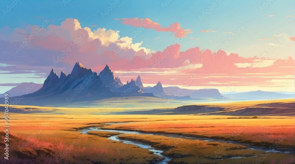 Cartoon illustration of steppes and mountains Cartoon illustration of steppes and mountains