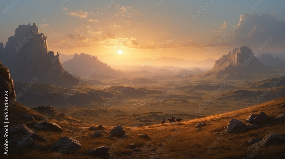 Naklejka premium Beautiful afternoon sky, steppe and plateau