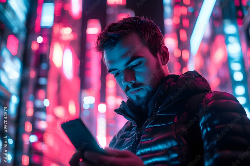 man on his smartphone with futuristic urban city and neon lights in the background man on his smartphone with futuristic urban city and neon lights in the background