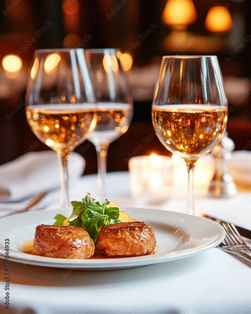 Elegant dining setting with gourmet dish and wine, perfect for a romantic evening or fine dining experience. Elegant dining setting with gourmet dish and wine, perfect for a romantic evening or fine dining experience.