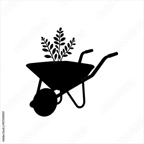 Wheelbarrow with plant silhouette vector illustration design on white background.