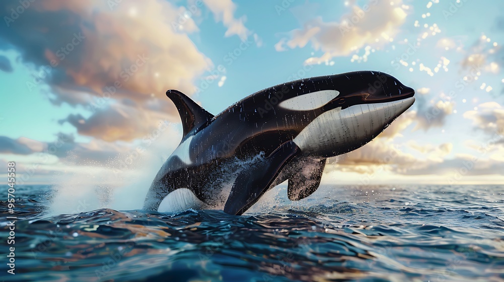 Obraz premium A majestic orca breaching the surface of the ocean, captured in stunning 4K hyperrealistic detail, showcasing the power and grace of this magnificent creature