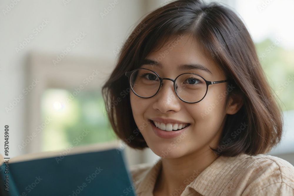 Closeup happy face of Korean student woman wearing eyeglasses is smiling and holding a book. Concept of relaxation and reading literature Closeup happy face of Korean student woman wearing eyeglasses is smiling and holding a book. Concept of relaxation and reading literature