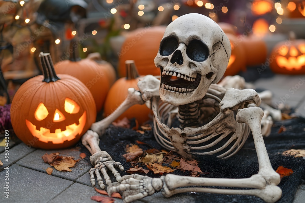Halloween skeleton with jack-o-lanterns pumpkins around