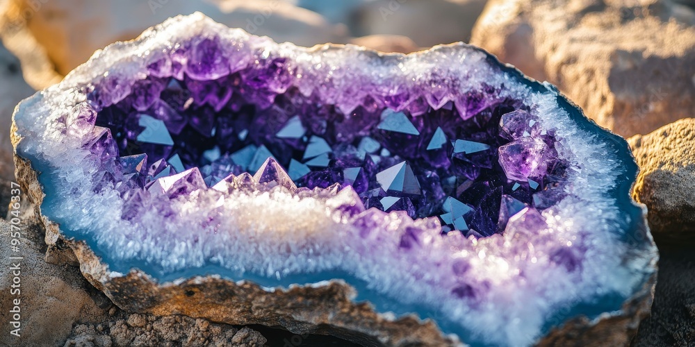 Amethyst geode with purple crystals. Amethyst geode with purple crystals.