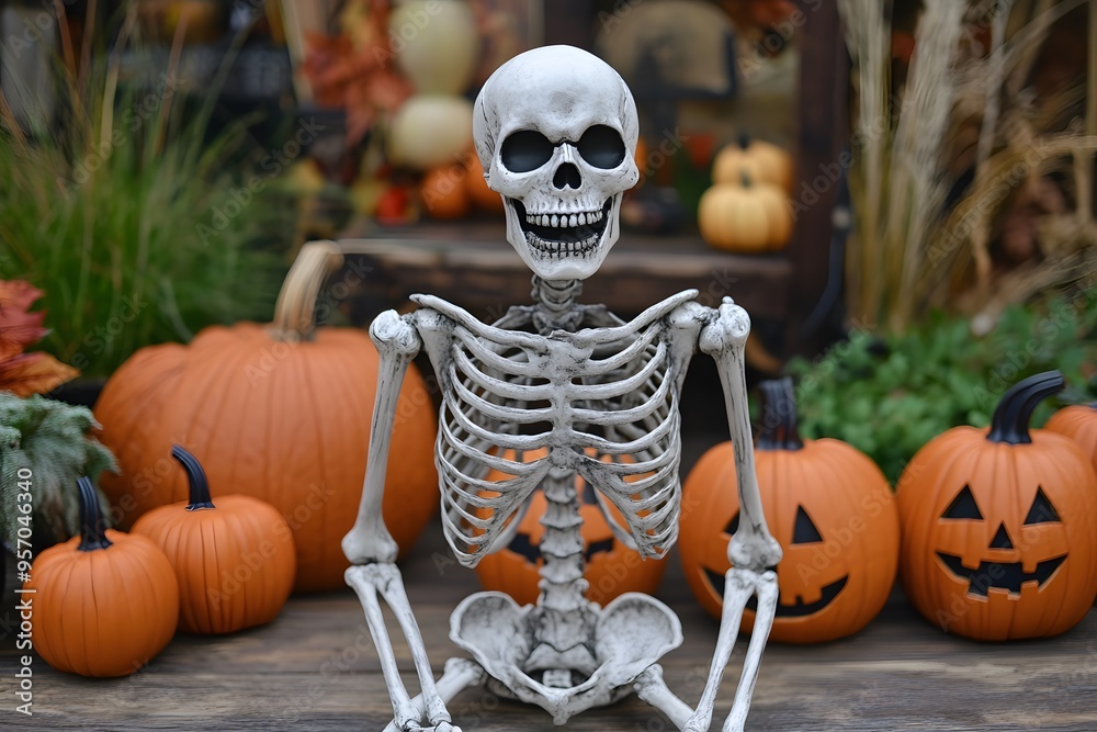 Halloween skeleton with jack-o-lanterns pumpkins around Halloween skeleton with jack-o-lanterns pumpkins around