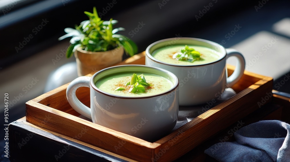 Two cups of vibrant green soup served on a wooden tray, garnished with herbs and a small plant beside for a fresh touch. Two cups of vibrant green soup served on a wooden tray, garnished with herbs and a small plant beside for a fresh touch.